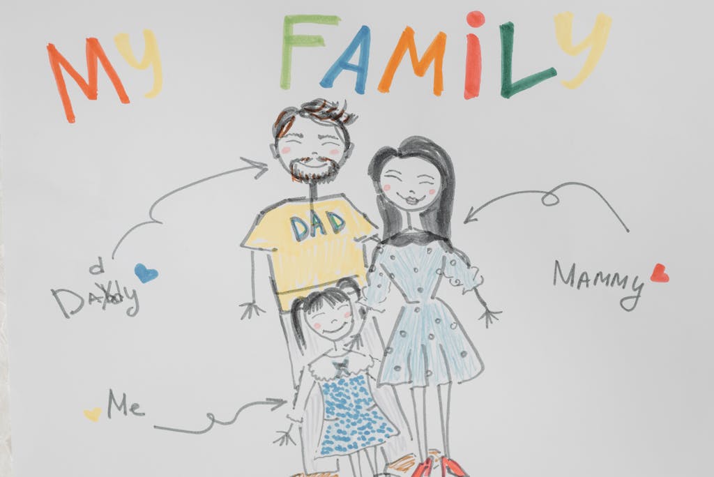 Colorful child's drawing of a smiling family on paper with cute annotations.