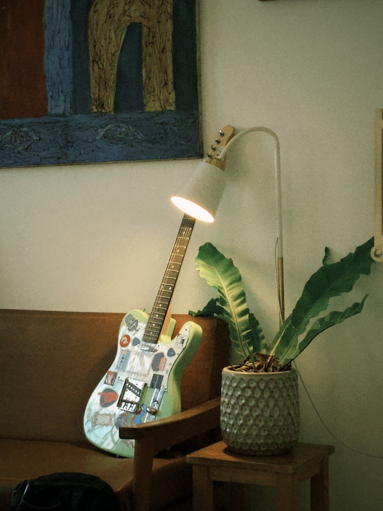 Cozy living room setting with a decorated electric guitar and houseplant under a warm lamp.